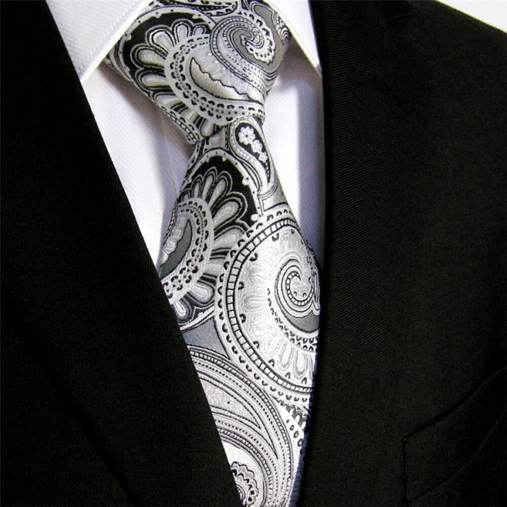Dark Grey White Silver Black Paisley DESIGN 100% SILK TIE Jacquard Woven Floral
